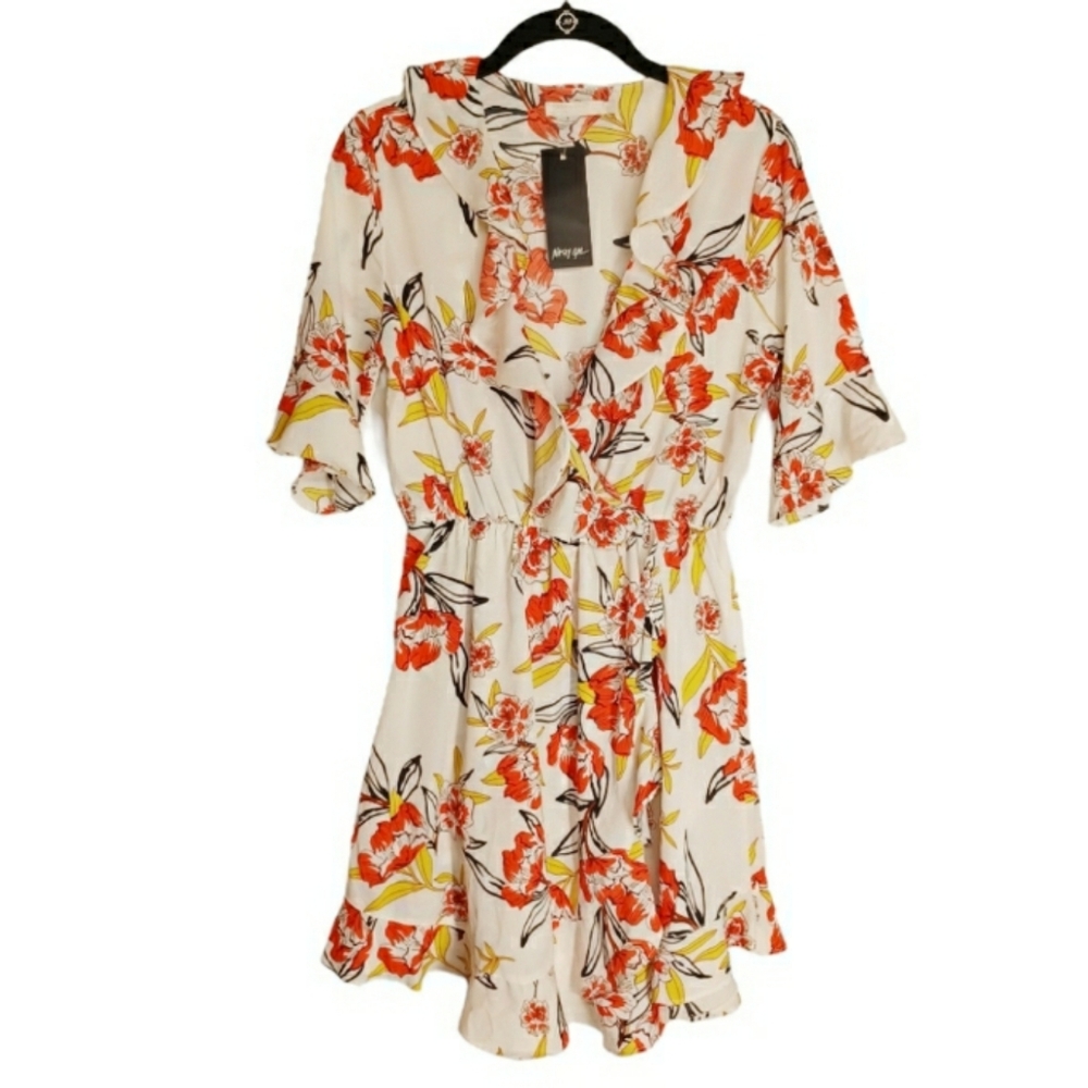 NASTY GAL VERA & LUCY Red Yellow Black Floral Print Ruffle Romper Medium NWT - Picture 2 of 8